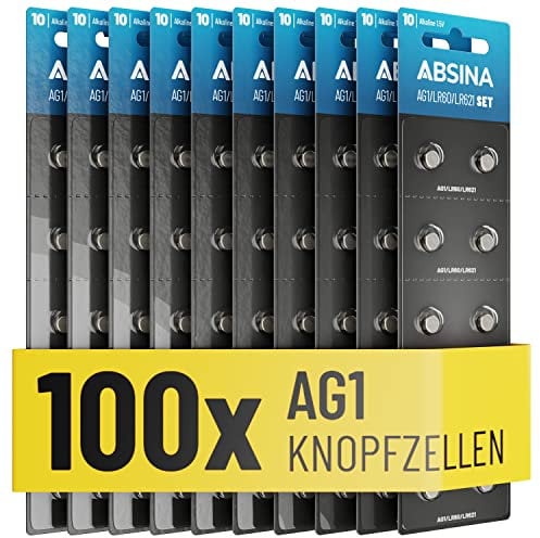 ABSINA AG1 LR621 Knopfzelle 100er Pack - 1,5V Alkaline Knopfzellen auslaufsicher & mit Langer Haltbarkeit - LR60 / SR60 / 1175S0 / 164/602 / 364 / V30 / SR621 - Knopfbatterien Batterien Batterie