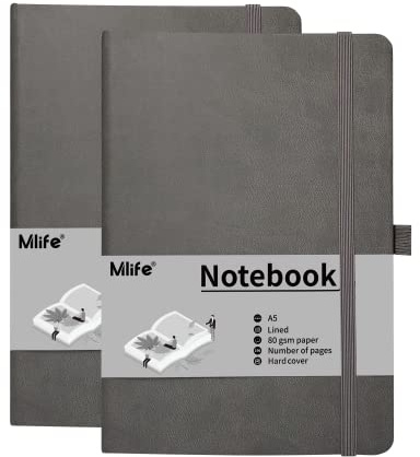 Mlife 2 Pack A5 Journal Notizbuch, 192 Seiten, Hardcover mit elastischem Verschlussband und Falttasche(Grau)