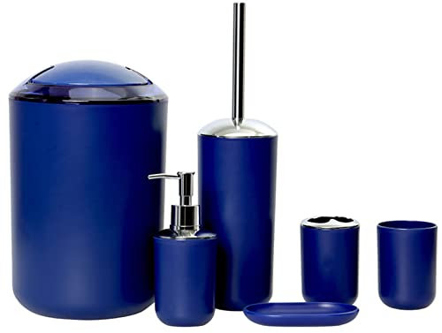 Icegrey Design Moderne 6 PièCes Ensemble D'Accessoires De Salle De Bain Bouteilles De Lotion, Porte-Brosse à Dents, Tasse à Dents, Porte-Savon, Brosse De Toilette, Poubelle Bleu Marine