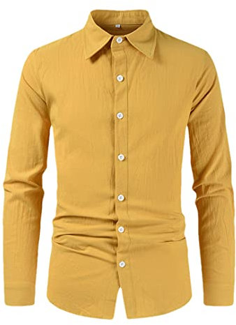 Pohullan Camicie da uomo viola formale cotone lino camicia vintage hawaiana per uomo camicia oversize, Giallo, L