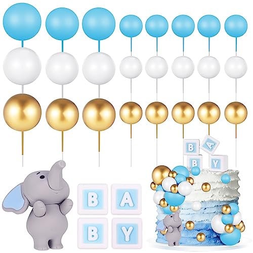 FRIUSATE 26 Stück Elefanten-Kuchendekoration Mini-Kugeln Tortenaufsatz blau Baby Buchstaben Cupcake Topper blau gold weiß Schaumstoffballon Perlenkugel für Babyparty Junge Elefant Thema Geburtstag