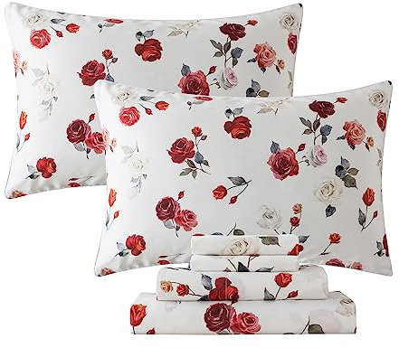 FADFAY Rose Sheets Set Queen Vintage White Rose Floral Bedding Chic Red Rose Bed Sheets Shabby Farmhouse Bedding 100% Percale Egyptian Cotton 800 Thread Count Deep Pocket Fitted Sheet 4Pcs,Queen Size