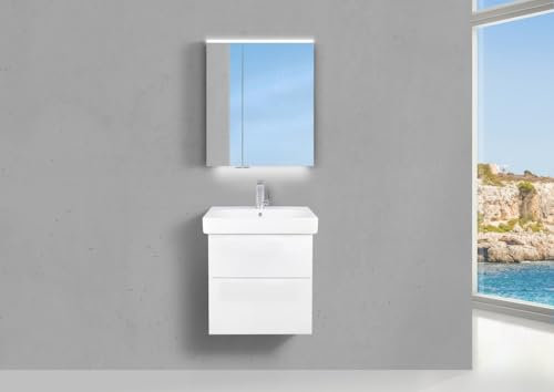 Intarbad ~ Badmöbel Shape mit Geberit Smyle Square Waschtisch 60 cm, grifflosem Unterschrank und Spiegelschrank Grau Matt Lack (Anti-Finger-Print) IB2129