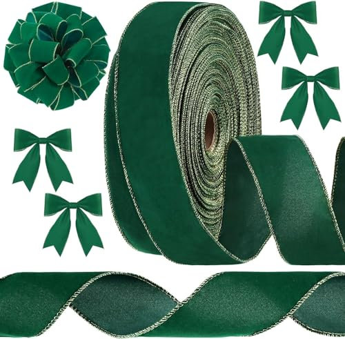 LATERN Cinta de Terciopelo Navideño, 6,3CM Ancho Con Cable y Borde Dorado, 28M Para Envolver Regalos, Árbol de Navidad, Bricolaje, Corona y Arco (Verde)