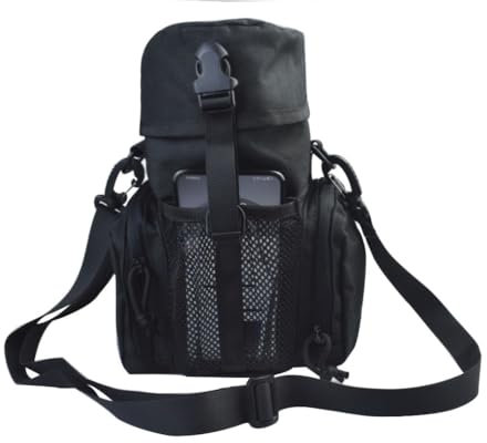 Molle Water Bottle Holder for 64 oz Bottles - Carry, Protect and Insulate Your Flask with Military Grade Carrier 2 Zipper Pockets and an Adjustable Shoulder Strap (Black)