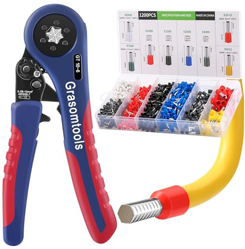 Grasomtools ® GT 10-6 Kit di strumenti per crimpare ghiere, pinze per crimpare cavi (0,08-10 mm²), kit ghiere con crimpatrice per ghiere esagonali e connettori per ghiere 1200 pezzi
