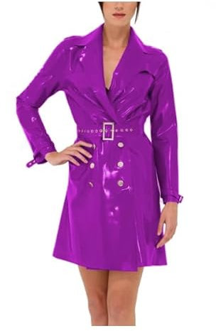 VIXX Gabardina de cuero de PVC con cinturón ajustable para mujer, abrigo de manga larga para cosplay, fiesta, club, fucsia, S, Fucsia, Small