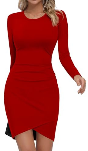 Missufe Kurzes Bodycon T Shirt Kleider Damen Minikleid Elegant Basic Enges Langarm Freizeitkleid (Rot, Mittel)