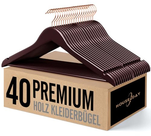 HOUSE DAY Kleiderbügel Holz, 40er Holz Bügel, Kleiderbügel braun für Anzüge, 360° drehbarer Haken in Roségold, rutschfest, Einkerbungen im Schulterbereich