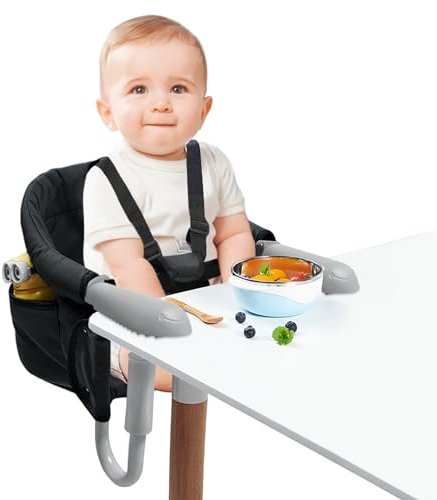 JOIEYOU Sitzerhöhung Stuhl für Kinder, tragbarer und verstellbarer Boostersitze Kindersitz für 2-8cm Dicke Tische, Tischsitz mit Sicherheitsgurt Abnehmbarem bis 15 kg - Schwarz