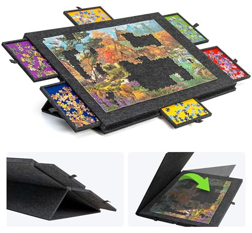 Lavievert 1500 Piece Tilting Puzzle Board with 2-in-1 Designed Stand & Cover, Lightweight Puzzle Plateau with 6 Drawers, Portable Jigsaw Table for Adults, Felt Jigsaw Storage - Dark Gray