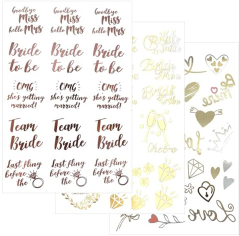 60 Pièces Feuilles Tatouages Temporaires mariage EVJF Faux Autocollants La Mariée Team Mariée Tatouages Ephémères Tattoos Étanche Décoration pour Enterrement de Vie de Jeune Fête Cadeau