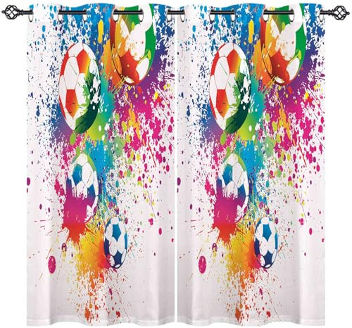 ANHOPE Bunte Aquarell Fußball Verdunklungsvorhänge mit Ösen Blickdichte Gardinen Thermo Vorhänge Blackout Curtain Kinder Jungen Mädchen Wohnzimmer Schlafzimmer Vorhang 2er Set H 175 x B 140 cm
