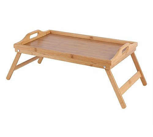 Vassoio da portata con gambe pieghevoli, in legno di bambù, per la colazione, adatto per lavorare o mangiare a letto, colore legno 63 x 27,3 x 22,5 cm