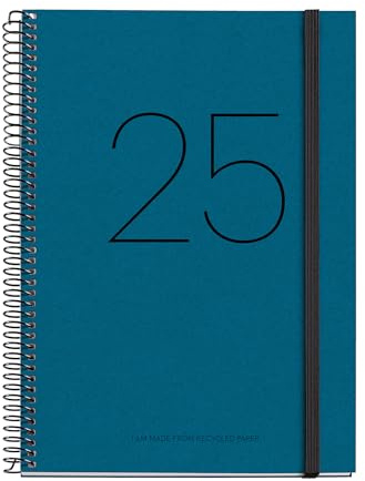 Miquelrius - Kalender 2025, Jahresplaner, 155 x 213 mm, Wochenplaner, Einband aus recyceltem Karton, 100 g/m², Verschluss, Spanisch, Englisch und Portugiesisch, Recyclingpapier, Blau