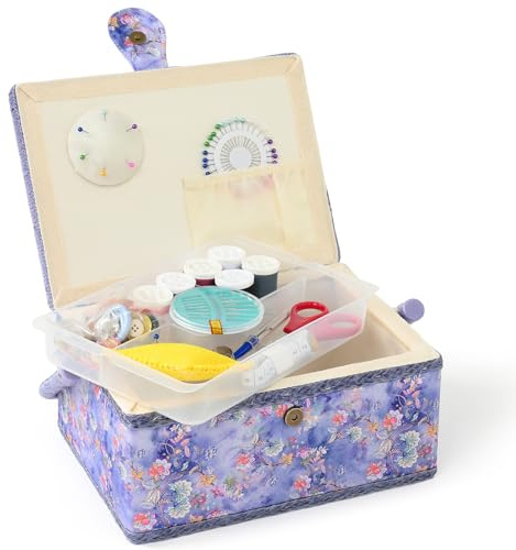 NOTIONSLAND Sewing Box Organiser with Accessories, Violet-Blue | Medium Vintage Sewing Box Organiser with Handle & Removable Tray, Gift for Christmas, Thanksgiving, Mother's Day