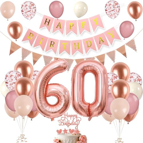 60th Birthday Decorations for Women,60th Birthday Balloons with Number 60 Foil Balloon Rose Gold Pink and White Balloons with Happy Birthday Banner Birthday Cake Topper for 60th Party Decorations