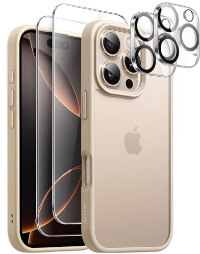 JETech 5 in 1 Matte Case for iPhone 16 Pro 6.3-Inch with 2-Pack Each Tempered Glass Screen Protector and Camera Lens Protector, Translucent Back Shockproof Phone Cover (Desert Titanium)