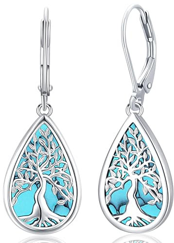 Árbol de la Vida Pendientes para Mujer, Pendientes Colgantes Árbol de la Vida con Turquesa Plata de ley 925, Regalos de Joyería para Mujeres Niñas