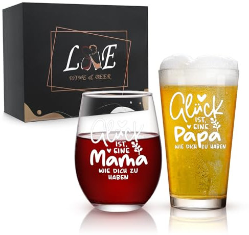Joymaking Weinglas und Bierglas Set mit Gravur, Vatertag Geschenk, Eltern Geschenk, Die Besten Geschenke für Papa Mama, Geschenke für Eltern zum Muttertag Vatertag Geburtstag 500ml