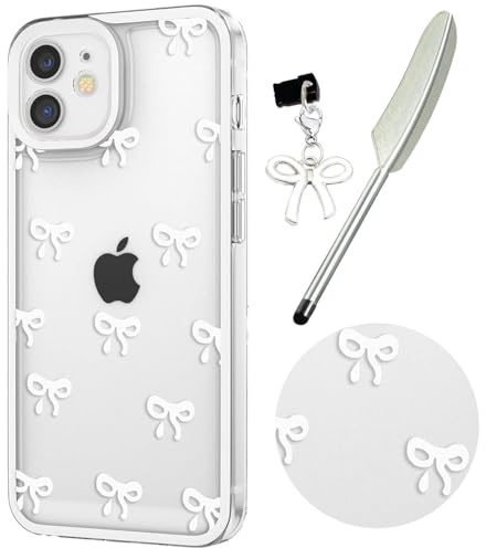 Knoowcase Case for iPhone 12, Cute Bowknot Pattern Clear Soft TPU Shockproof Phone Case for Women Girls, Slim Fit Silicone Bumper Shell Drop-Protection Transparent Cover for iPhone 12,White