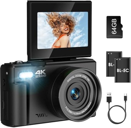 Nsyee 5K Digital Camera, with WIFI Transfer, 75MP Autofocus YouTube Vlog Camera, 180° Flip 3 Inch Screen, with 64G SD Card, 18x Digital Zoom, Compact Cameras Gift for Beginners, Perfect for Teens