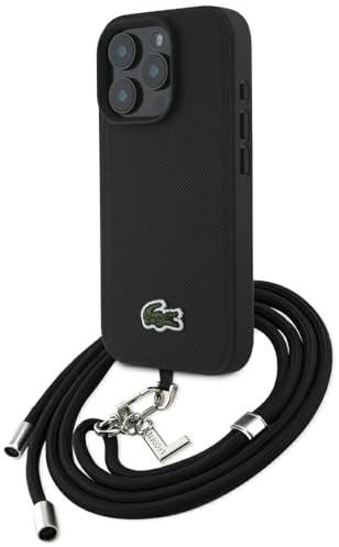 CG MOBILE Lacoste Iconic Petit Pique Crossbody Cord Hülle für iPhone 16 Pro Max kompatibel mit MagSafe (Schwarz)