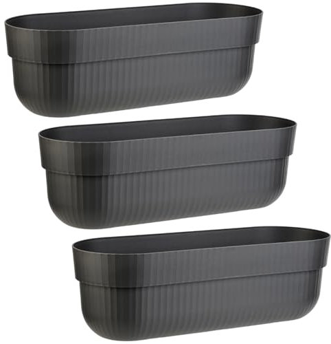 Engelland - 3 x Blumenkasten, Blumentopf, Farbe: Anthrazit, Pflanzkasten mit Wasserspeicher/Drainagesystem und Abstandshalter, 50 cm, PP-Kunststoff, Balkonkasten, länglich, formstabil