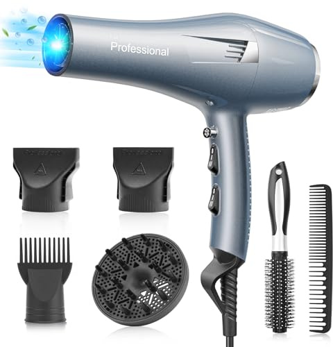 Phon Capelli Professionale 30m/s Asciugacapelli, 120 Milioni di Ioni Negativi, Asciugatura Rapida per Salone e Casa, 3 Temperature, 2 Velocità, 4 Accessori (Diffusore + Ugelli) (Argento)