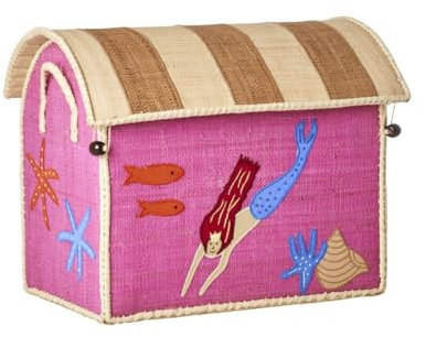 RICE Aufbewahrungskorb Meerjungfrau S | Handgefertigter Kinderzimmer-Korb aus Raffia & Bast mit Deckel & Griffen | Spielzeugkorb mit Meeresmotiv in Rosa (37 x 25 x 31 cm)