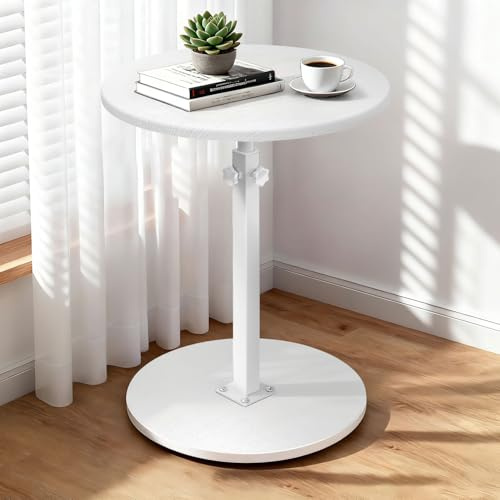 johgee Beistelltisch Holz mit Rollen, Höhenverstellbar (45-77cm), ⌀ 40 cm, Beistelltische fürs Wohnzimmer, Sofas, Couchtisch holz，Weiß