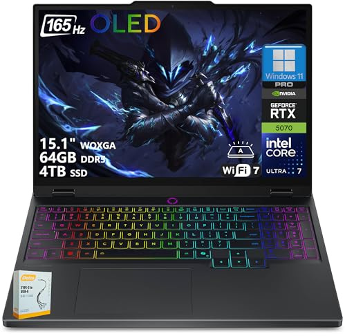 Lenovo Legion 5 - Computer portatile da gioco con tecnologia AI, WQXGA OLED da 15, 165 Hz, Intel Core Ultra 7 255HX (>i9-14900HX), SSD da 64 GB DDR5 da 4 TB, GeForce RTX 5070 8 GB DLSS4 | Win11 Pro