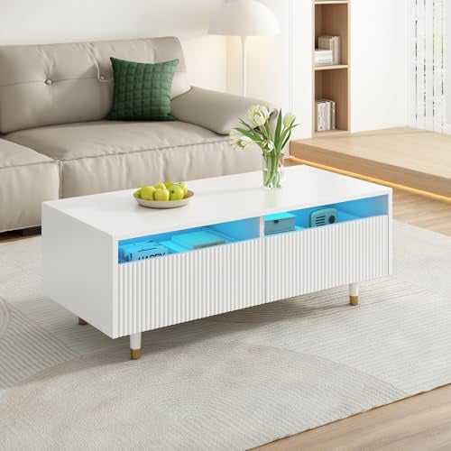 Merax LED Couchtisch 110x50x40 cm, modern Wohnzimmertisch mit 2 Schubladen und Acrylfront, Massivholzbeine, 7-farbige LED Beleuchtung mit Fernbedienung, Weiß