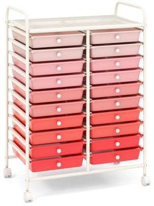 COSTWAY Carrito Auxiliar con Ruedas, Mueble Auxiliar Cocina con 20 Cajones Apilables, Carrito Organizador de Estructura Metálica para Cocina Oficina, Baño (Rojo)