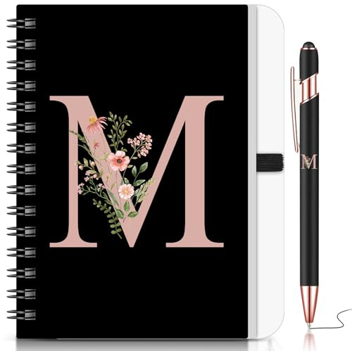 BBTO 2 Stück Personalisiertes B6 Notizbuch mit Initialen, Buchstabe M | Blumen Tagebuch mit Stift, Geschenk für Schule, Frauen, Freundin, Schwestern, Kollegen, zu Weihnachten, Geburtstag, Abschluss