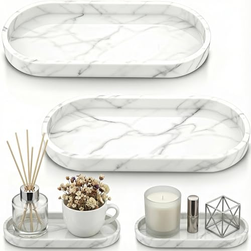 2 Bandejas de Mármol Blanco de Silicona 25×11×2cm | Bandeja de Baño Blanca, Bandeja Decorativa, Antideslizante y Práctica