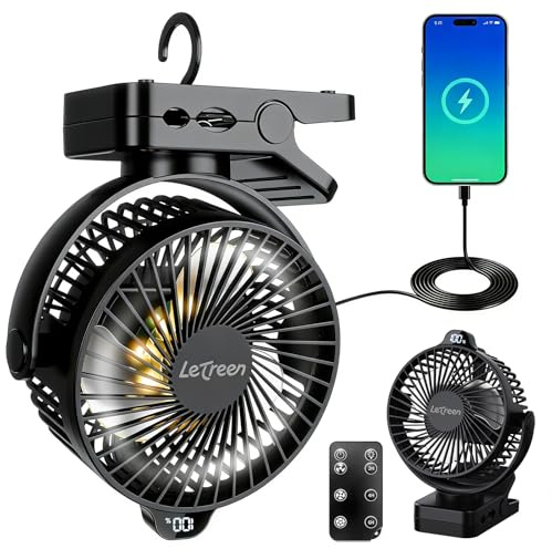 LETREEN 15000mAh Clip on Fan, 3 in 1 Rechargeble USB Desk Fan, Black | LED Light & Display, 3 Speed Level & 360° Rotation, Personal Cooling Fan with Remote Control for Camping Tent Stroller Office