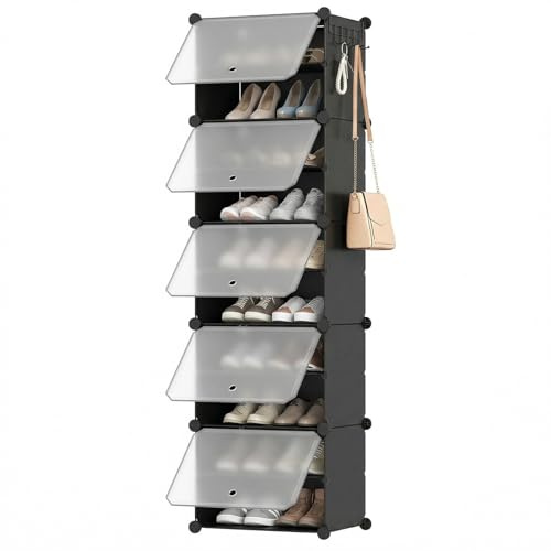 HOOBRO Schuhregal mit 10 Ebenen, Schmal Schuhschrank, Schuh-Organizer, mit Türen, Kunststoff, DIY Steckregal, für Eingang, Schlafzimmer, Flur, Schwarz und Transparent EBW11SC01