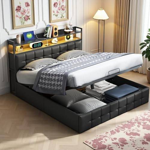 Polsterbett Doppelbett 140x200 cm mit Staufach-Kopfteil, Boxspringbett mit Bettkasten, Hydraulisch Stauraumbett mit Lattenrost, Jugendbett Funktionsbett Rückenlehne Bett, PU (Schwarz, 140x200cm)