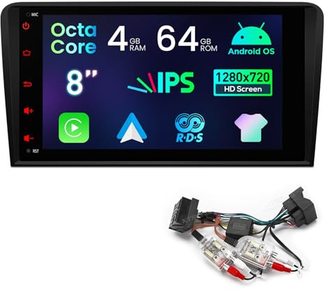Bundle XTRONS 8 Android Car Stereo 4+64GB Radio Player for Audi A3 8P S3 8P RS3 Sportback with XTRONS Car ISO Harness Adapter Connector Cable with High to Low Impedance Converter with Au-di A3 A4