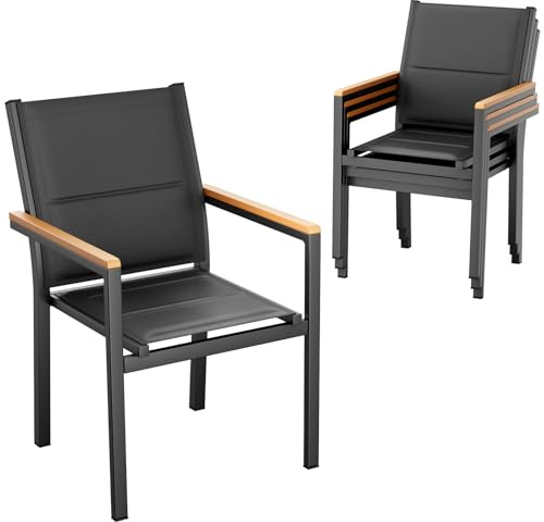 LIFERUN Gartenstuhl 4er Set, Aluminium, mit Gesteppte Rückenlehne & Sitzfläche, Stapelbarer Esszimmerstuhl, WPC Handlauf, Balkonstühle, für Terrasse, Balkon, Terrasse, Pool, Restaurants, Schwarz,4 PCS