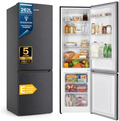 HEINNER Kühl-Gefrierkombination freistehend 262 L – Gefrierschubladen, wechselbarer Türanschlag, statische Kühlung – Kühlschrank mit Gefrierfach, Anthrazitgrau, Energieeffizienzklasse E – HC-HM262DGE