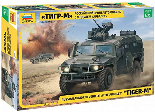 Zvezda 500783683-1:35 GAZ Tiger w/Arbalet - Plastikbausatz - Modellbausatz - Zusammenbauen - Bausatz - für Einsteiger - detailliert, Olive-schwarz