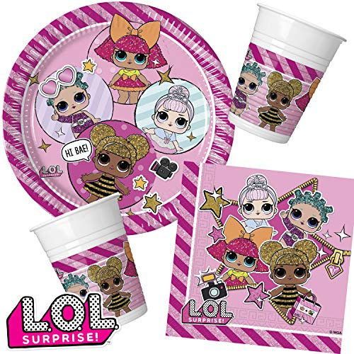 37-teiliges Party-Set * L.O.L. Suprise! * für Kindergeburtstag mit Teller + Becher + Servietten + Deko | LOL Sammenfiguren MGA Kinder Geburtstag Party Mottoparty Mädchen Pink