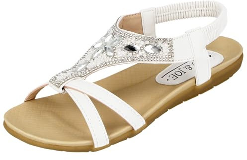 Jo & Joe Ladies Faux Leather Open Toe Sling Back T-Bar Diamante Gem Stone Flat Gladiator Summer Sandals Size 3-8 (UK 7, White)