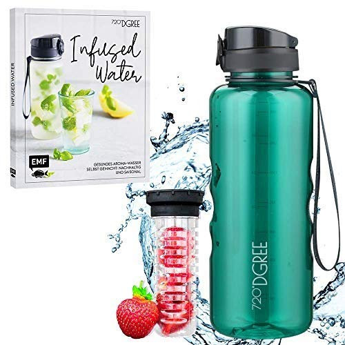720°DGREE Bundle: Trinkflasche uberBottle + Rezeptbuch mit erfrischenden Sommerrezepten - 1500ml- crystalClear +Fruchteinsatz - Leckere Getränke für Schule, Sport, Fitness, Gym, Wandern, Outdoor
