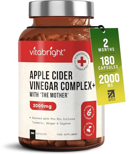 Vinaigre de Cidre de Pomme Non Filtré avec « La Mère » – 180 Gélules | 2 Mois | Formule à base de Vinaigre de Cidre et d’Épices | Alternative sans sucre – VitaBright