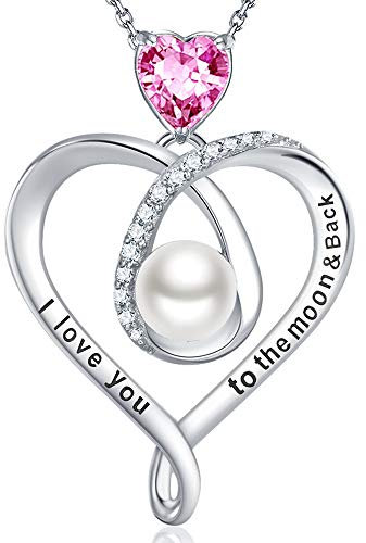 GinoMay Regali di Compleanno Donna Ottobre Collana Ti Amo Fino Alla Luna e Ritorno Gioielli Con Perle Bianche Tormalina Rosa Argento 925