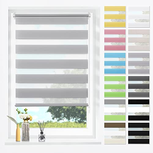 SBARTAR Doppelrollo Klemmfix Duo Rollos für Fenster ohne Bohren & zum Bohren, Grau B40 x H120 cm (Stoffbreite 36 cm), Lichtdurchlässig, Klemmrollo, Fensterrollo, Zebrarollo