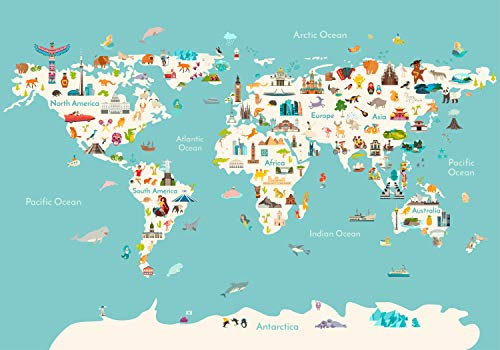 wandmotiv24 Fototapete bunte Weltkarte Kinder Figuren Atlas, XS 150 x 105cm - 3 Teile, Wanddeko, Wandbild, Wandtapete, Globus Karte Erde Hai Wal Fuchs M6657